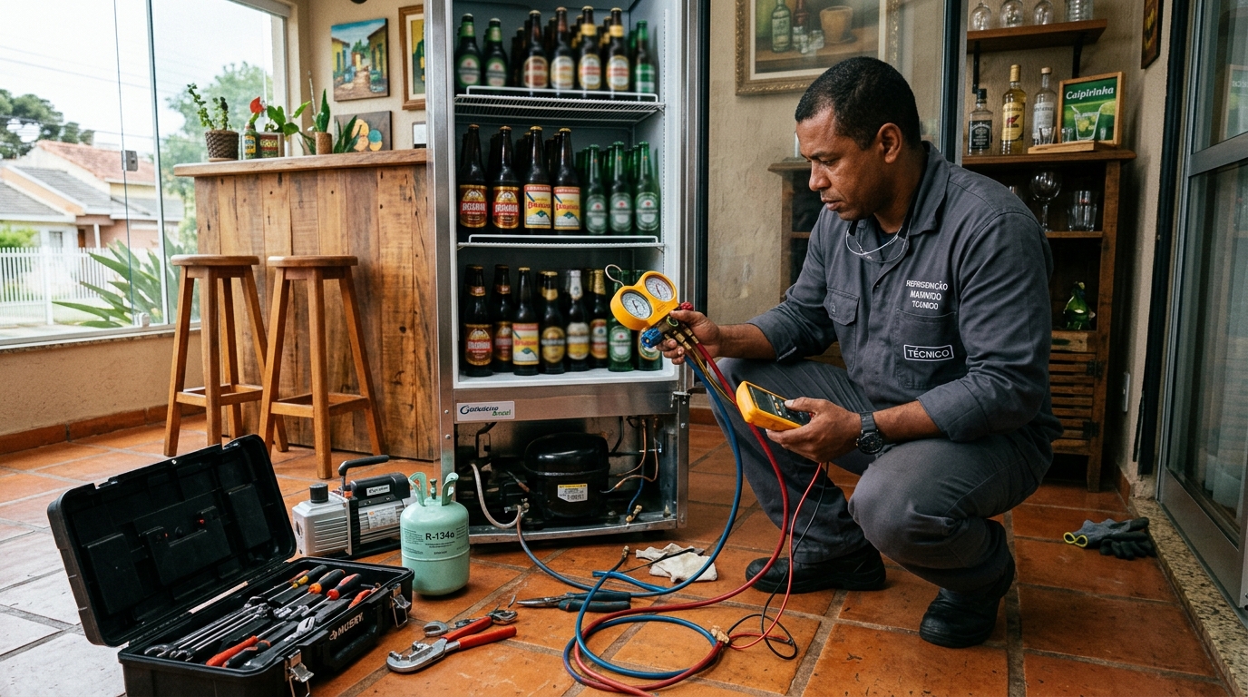 Técnico realizando manutenção de motor de cervejeira em Caxias do Sul‑RS
