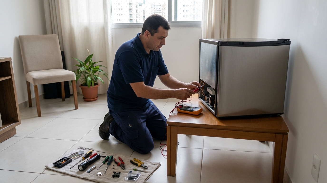 Técnico realizando manutenção de motor de frigobar em Caxias do Sul‑RS
