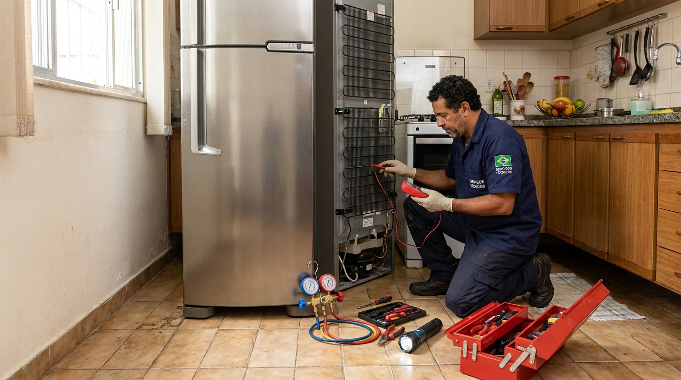 Técnico realizando manutenção de motor de geladeira em Caxias do Sul‑RS